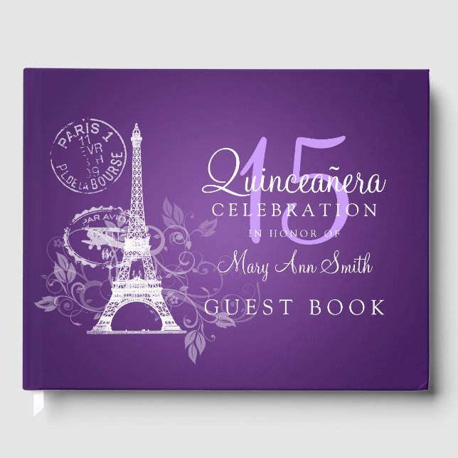 Guest Book Quinceanera Party Paris Purple (Front)