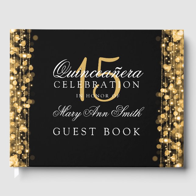 Guest Book Quinceanera  Party Sparkles Gold (Front)