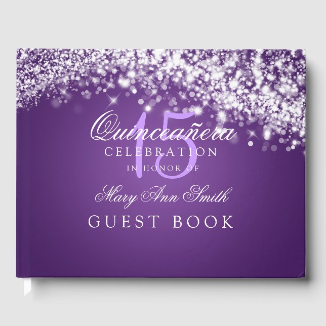 Guest Book Quinceanera Party Sparkling Wave Purple (Front)