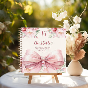 Guest book Quinceanera pink bow cream florals