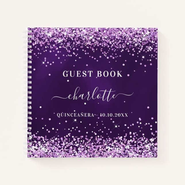 Guest book Quinceanera purple glitter name (Front)