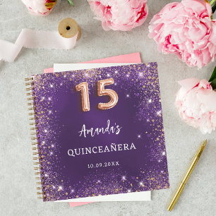 Guest book Quinceanera purple rose gold glitter