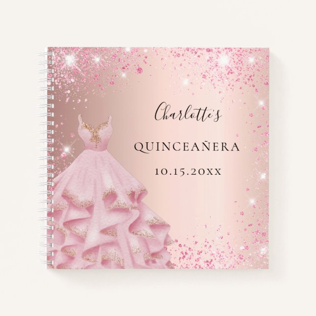 Guest book Quinceanera rose blush glitter dress  (Front)