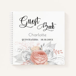 Guest book Quinceanera rose gold floral silver