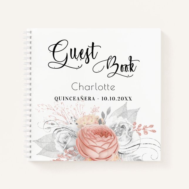 Guest book Quinceanera rose gold floral silver (Front)