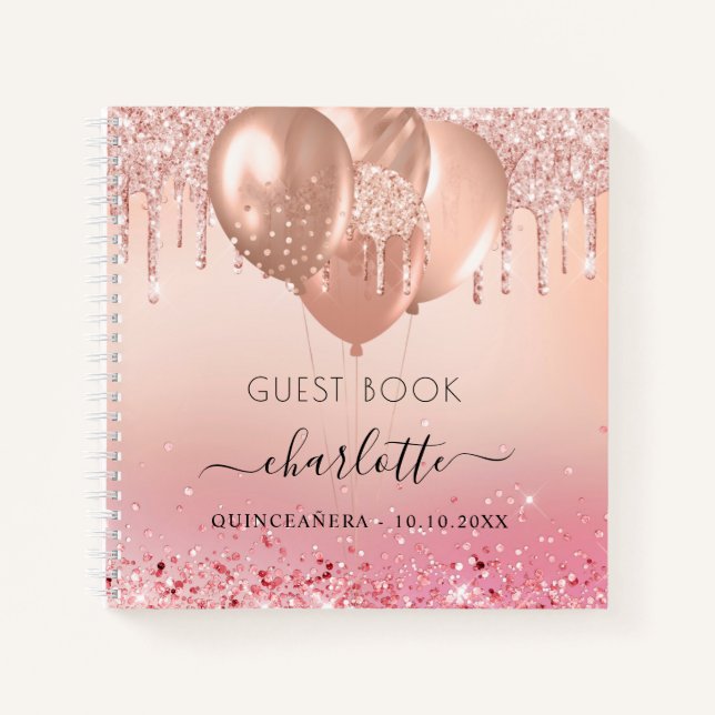 Guest book Quinceanera rose gold pink glitter  (Front)