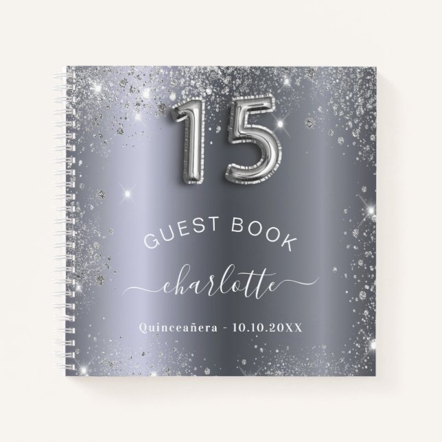 Guest book Quinceanera silver glitter name glam (Front)