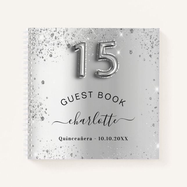 Guest book Quinceanera silver glitter name glam (Front)