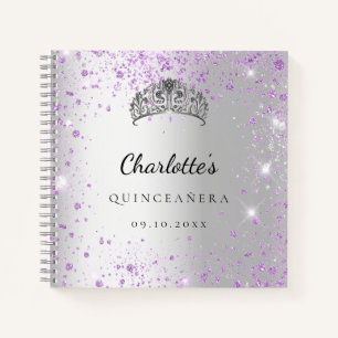 Guest book Quinceañera silver purple glitter tiara