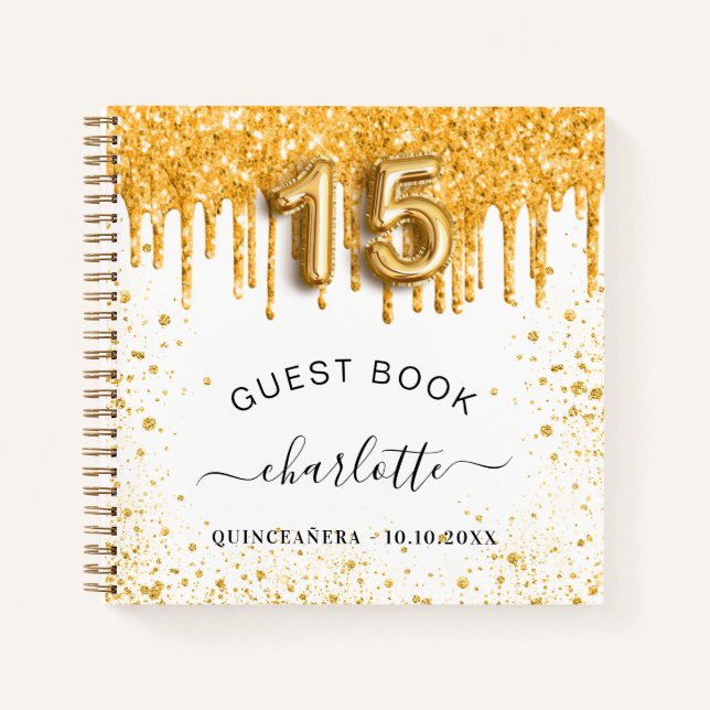 Guest book Quinceanera white gold glitter drips (Front)