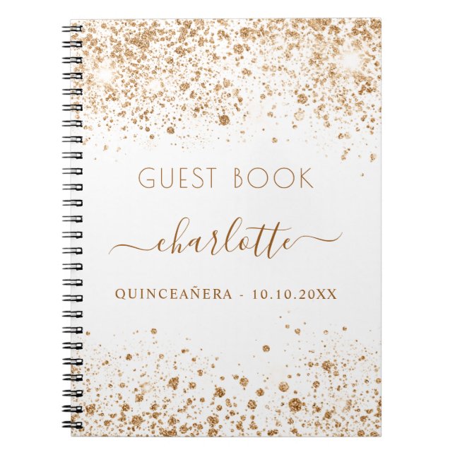 Guest book Quinceanera white gold glitter name (Front)