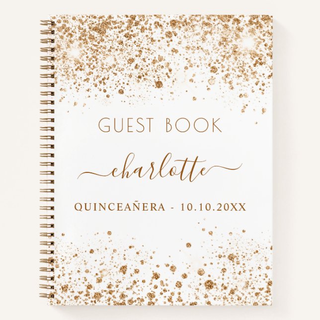 Guest book Quinceanera white gold glitter name (Front)