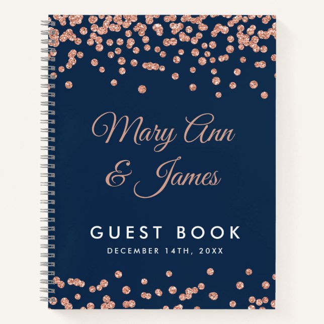 Guest book Rose Gold Glitter Confetti Navy Blue (Front)