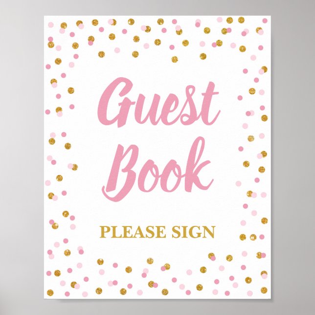 Guest Book Shower Sign Pink & Gold Confetti (Front)