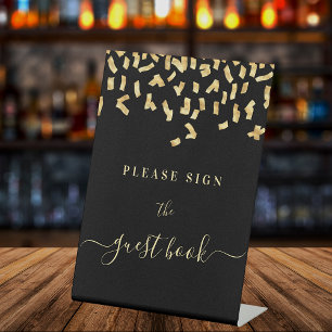 Guest book sign black gold confetti