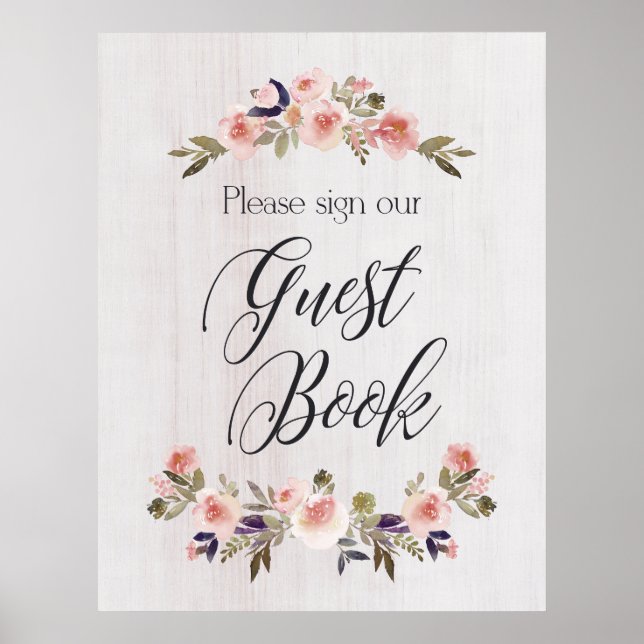 Guest Book sign - floral rustic wood (Front)