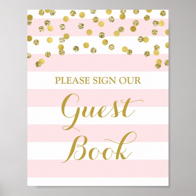 Guest Book Sign Pink Stripes Gold Confetti (Front)