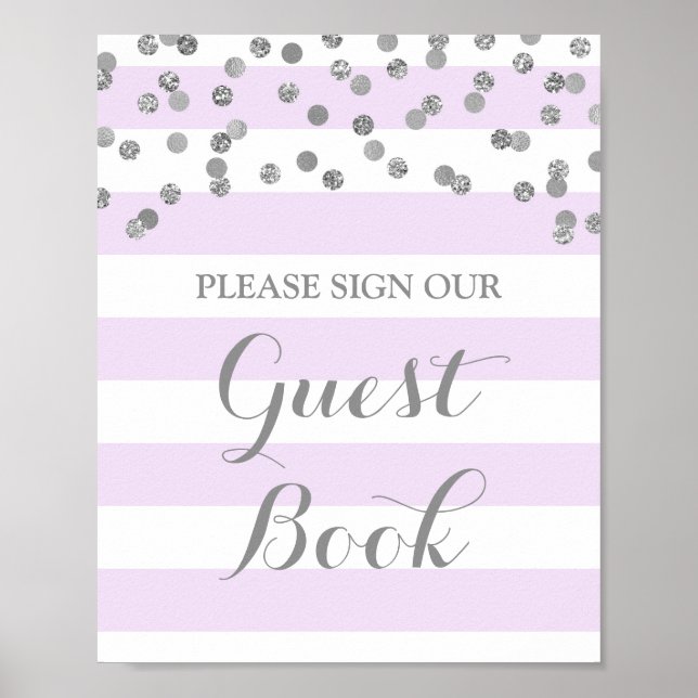 Guest Book Sign Purple Stripes Silver Confetti (Front)