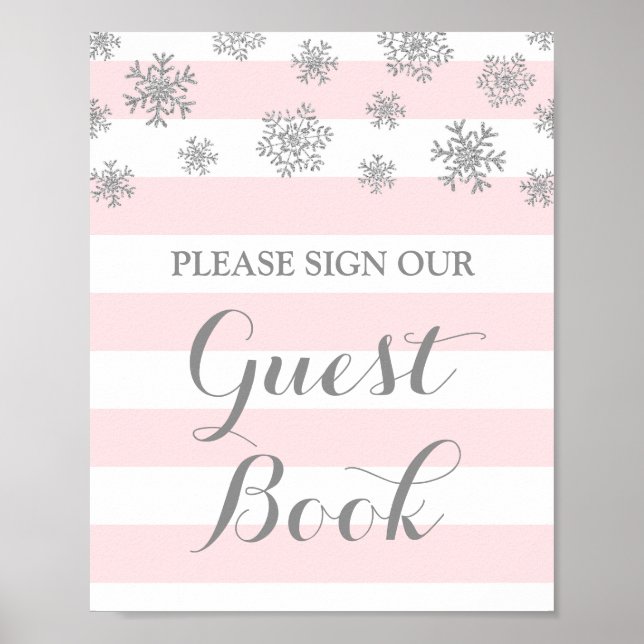 Guest Book Sign Silver Snow Pink Stripes (Front)