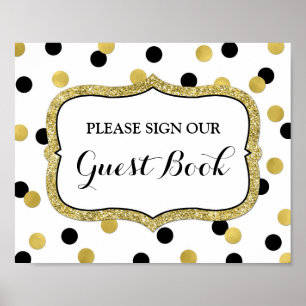 Guest Book Sign White Black Gold Confetti