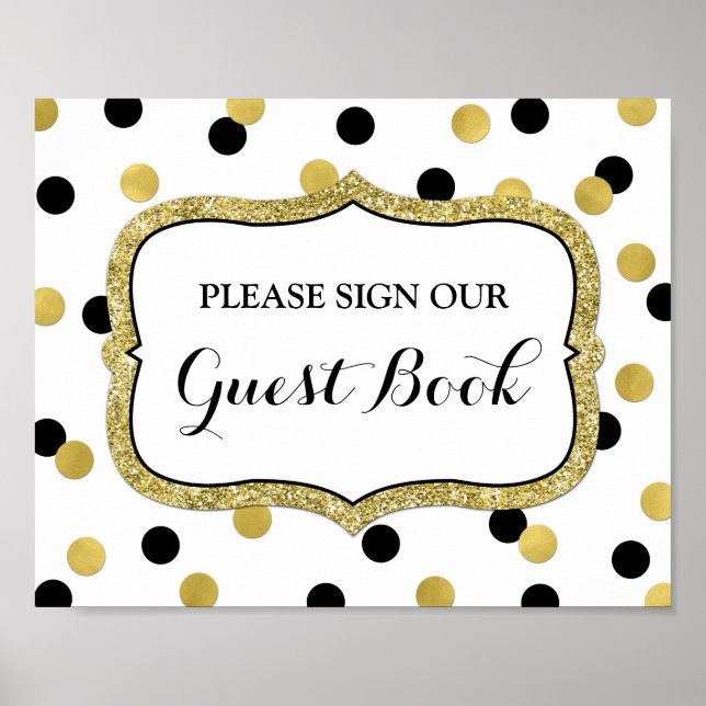Guest Book Sign White Black Gold Confetti (Front)