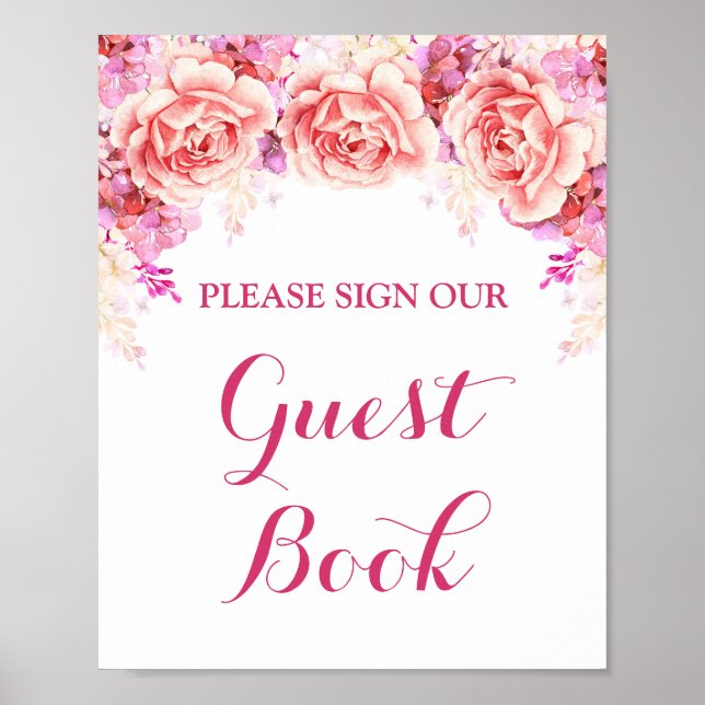 Guest Book Sign White Pink Watercolor Flowers (Front)