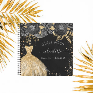 Guest book Sweet 16 black gold glitter dress 