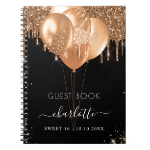 Guest book Sweet 16 black gold glitter name party