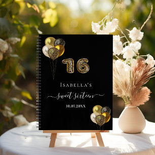 Guest book Sweet 16 black gold leopard print