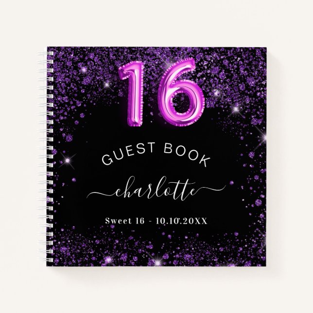 Guest book Sweet 16 black purple glitter name (Front)