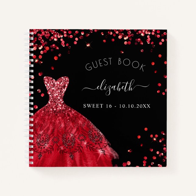 Guest book Sweet 16 black red dress glitter (Front)