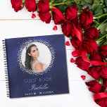 Guest book Sweet 16 navy blue silver photo<br><div class="desc">A guest book for a feminine and glamourous Sweet 16,  16th (or any age) birthday party.  A stylish navy blue background with faux silver glitter sparkles round the photo. The blue colour is uneven. Add your name,  age,  date and a photo.</div>