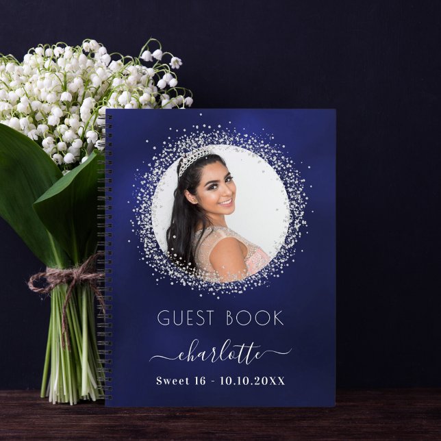 Guest book Sweet 16 navy blue silver photo (Creator Uploaded)