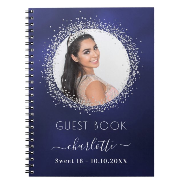 Guest book Sweet 16 navy blue silver photo (Front)