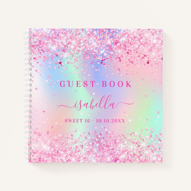 Guest book Sweet 16 pink holographic (Front)