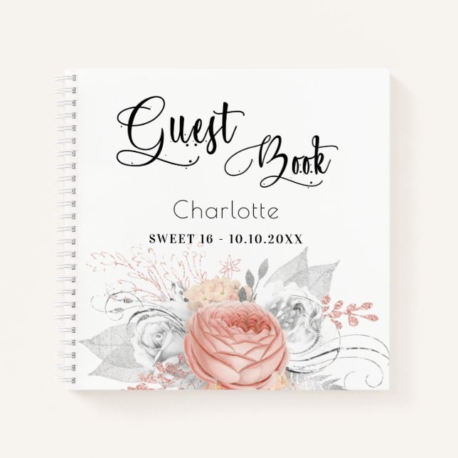 Guest book Sweet 16 rose gold floral silver (Front)