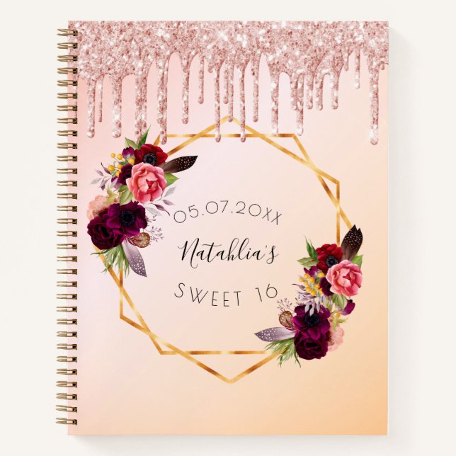 Guest book Sweet 16 rose gold glitter drips floral (Front)