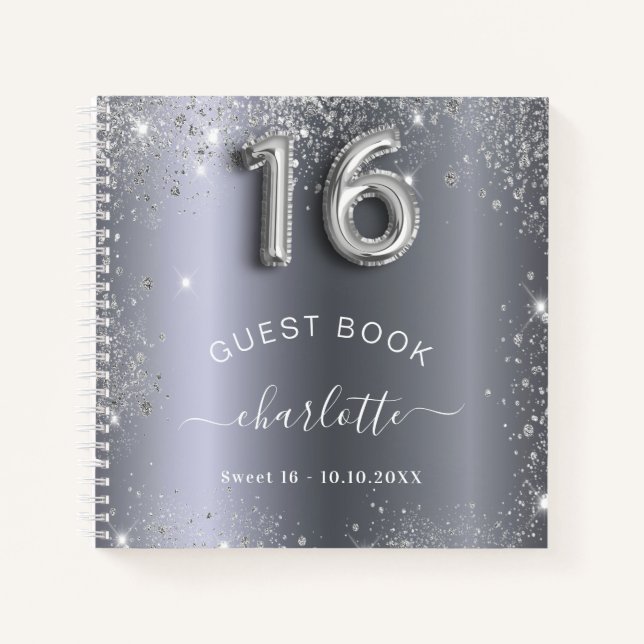 Guest book Sweet 16 silver glitter name glam (Front)