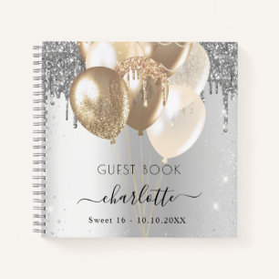 Guest book Sweet 16 silver gold glitter balloons