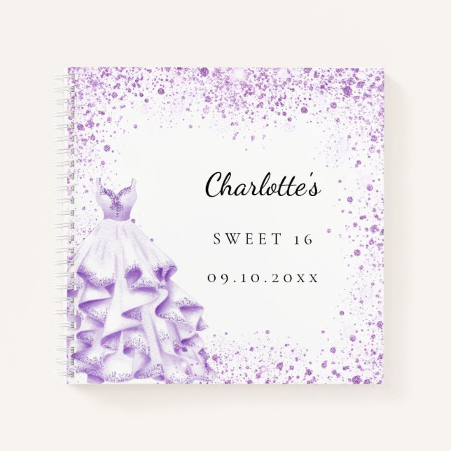 Guest book Sweet 16 violet dress glitter elegant (Front)