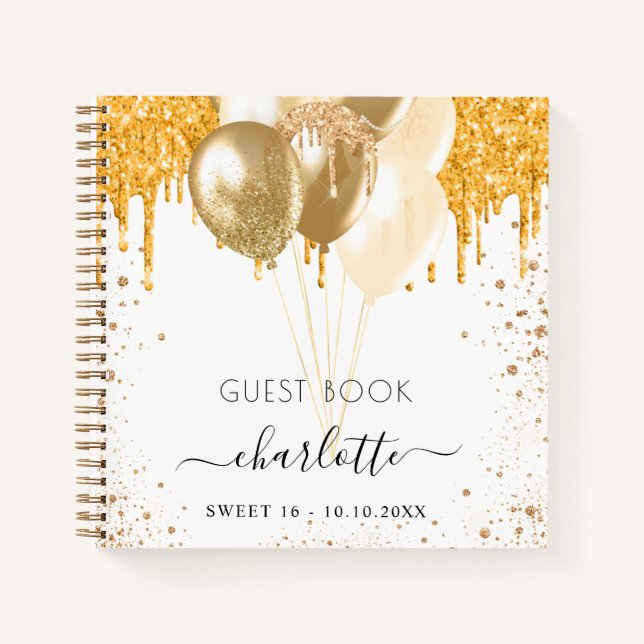 Guest book Sweet 16 white gold glitter balloons (Front)