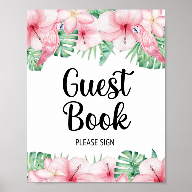 Guest Book Table Sign Tropical Pink Floral (Front)