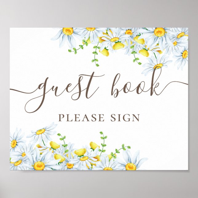 Guest book. Watercolor daisy calligraphy wedding Poster (Front)