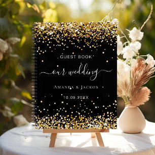 Guest book wedding black gold confetti