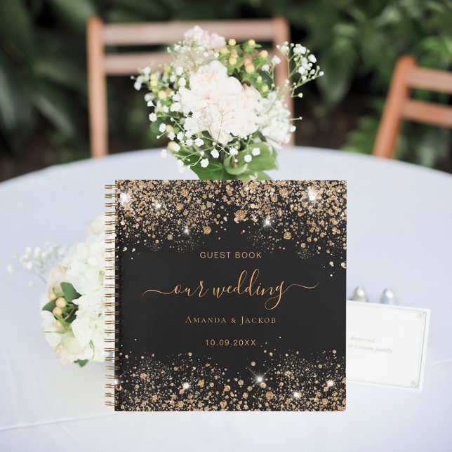 Guest book wedding black gold glitter monogram (Creator Uploaded)