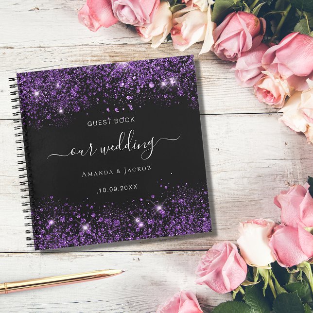 Guest book wedding black purple glitter monogram (Creator Uploaded)