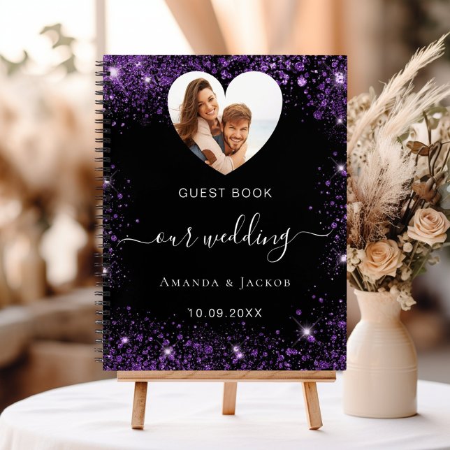 Guest book wedding black purple photo heart (Creator Uploaded)
