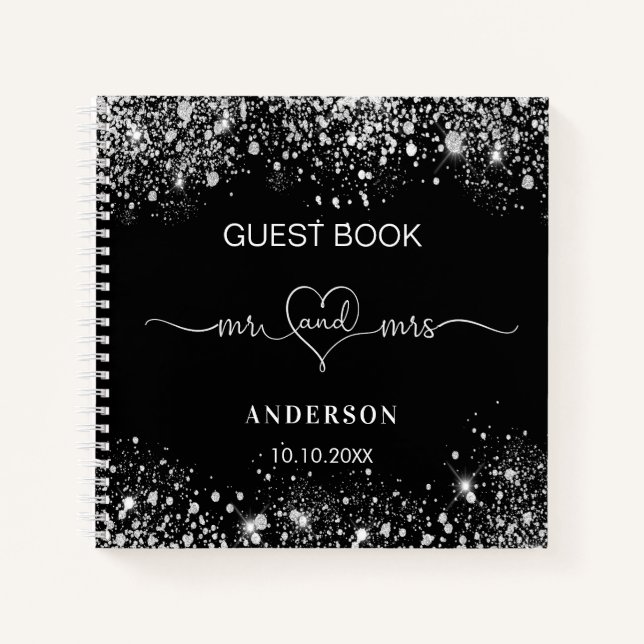 Guest book wedding black silver glitter mr mrs (Front)