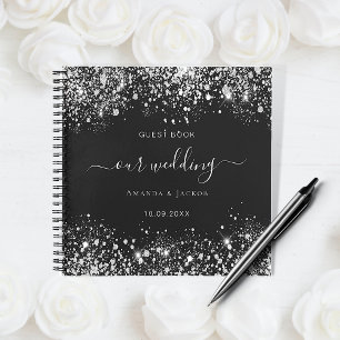 Guest book wedding black white glitter monogram