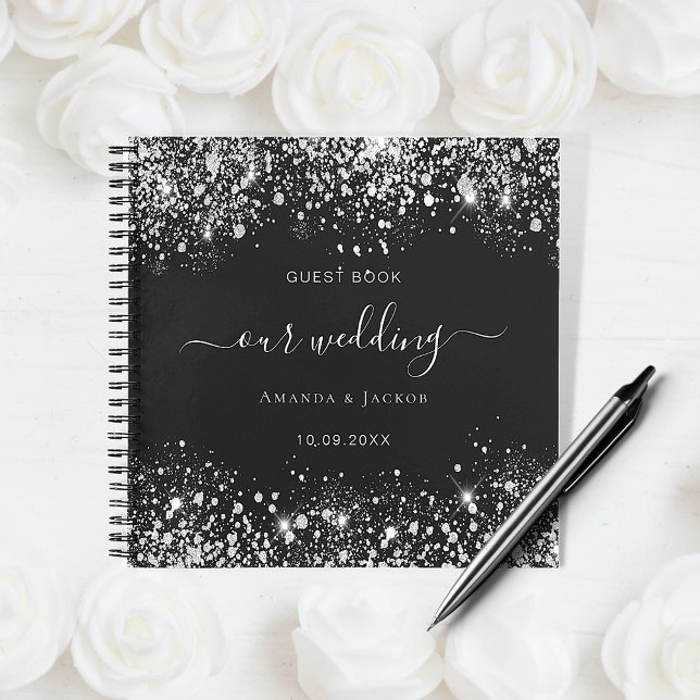 Guest book wedding black white glitter monogram (Creator Uploaded)
